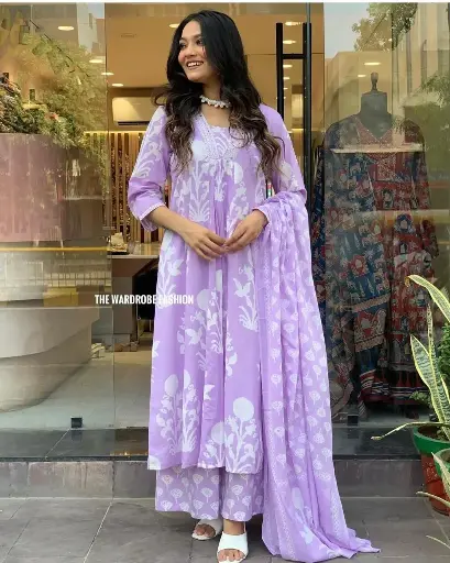 Floral Printed Cotton kurta with Cotton Plazo and Mulmul Dupatta