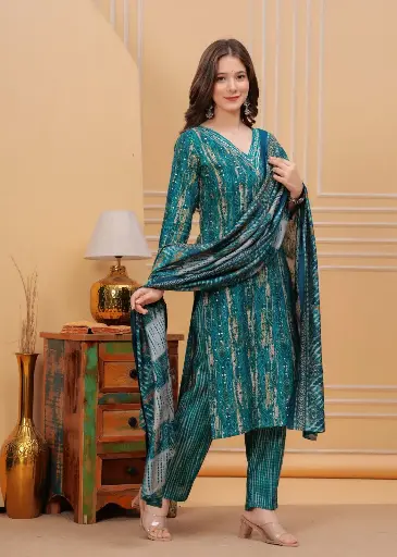 Teal Green Muslin Kurti Set